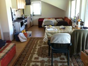 a living room with a table and a kitchen at Apartments Baba Luce in Strica