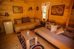 a living room with a couch and a table in a cabin at Waterfall Rafting Center in Šćepan-Polje
