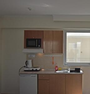 eine Küche mit einer Spüle und einer Mikrowelle in der Unterkunft Bristol Sea View Apartments in Kos-Stadt