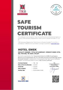 un volante para un certificado de turismo seguro con un rojo en Sirkeci Emek Hotel, en Estambul