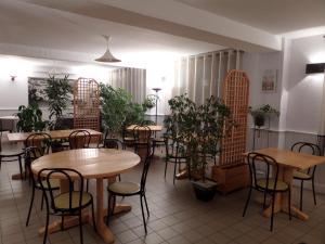 um restaurante com mesas e cadeiras e vasos de plantas em Hôtel le bastide em Nasbinals