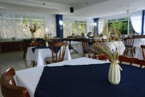 VILLA DO SOSSEGO pousada في ليندويا: غرفة طعام مع طاولة مع إناء عليه زهور