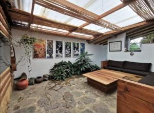 sala de estar con sofá y algunas plantas en Hostel Once Once, en Villa de Leyva