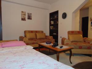 a living room with a bed and couches and a table at Stan na dan Valjevo in Valjevo