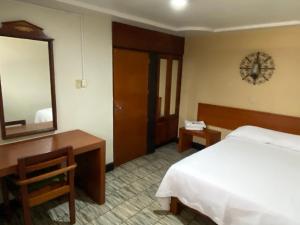Habitación de hotel con cama y espejo en HOTEL FLAMINGOS DE CIUDAD GUZMAN, en Ciudad Guzmán