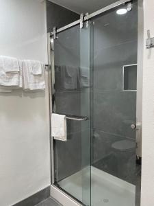 a shower with a glass door in a bathroom at Ritz Inn-San Francisco Airport SFO in San Bruno