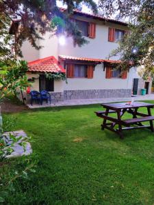 a picnic table in a yard in front of a house at GORGONA VILLAS in Vourvourou +10 photos