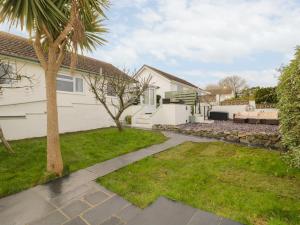 a house with a palm tree in the yard at Hardy Cottage in Benllech