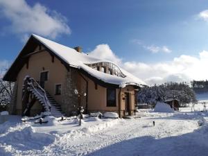 a snow covered house with a snow covered roof at Hacjenda in Susiec
