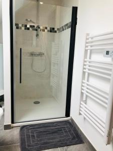 a shower with a glass door in a bathroom at Le studio d'Angèle : Blondie in Bruz