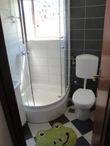 ein Bad mit einem WC und einer Dusche mit einem überraschten Gesicht in der Unterkunft Apartments Niki - 5m from the sea in Drvenik Veli