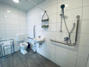 a bathroom with a toilet and a sink at GALAXY LAKE VIEW STUDIO in Lake Tekapo
