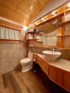 a bathroom with a white toilet and a sink at Brookside Motel in Golden