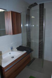 a bathroom with a sink and a shower at Apartment View of Antwerp in Antwerp