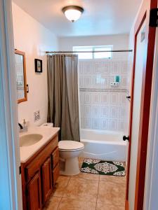 ein Bad mit einem Waschbecken, einem WC und einer Dusche in der Unterkunft Casa De Frank in Joshua Tree