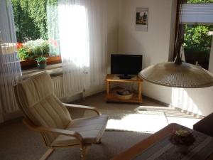 a living room with a chair and a television at Elegant in Gross Kordshagen amidst lush greenery with garden in Groß Kordshagen