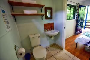 a bathroom with a toilet a sink and a mirror at Thornton Beach Bungalows Daintree in Cape Tribulation