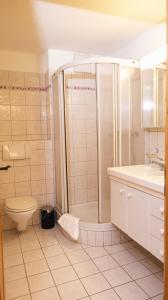 uma casa de banho com um chuveiro, um WC e um lavatório. em Wunderstay Alpine 3 Chic Studio Central Location em Klosters Serneus