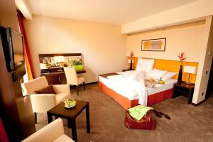 a hotel room with a large bed and a desk at Abacus Business & Wellness Hotel in Herceghalom