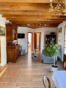 a large living room with a wooden ceiling and wooden floors at Ferienwohnung Nägler in Erbach