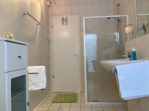 a bathroom with a shower and a sink and a shower at Nordwind in Boltenhagen