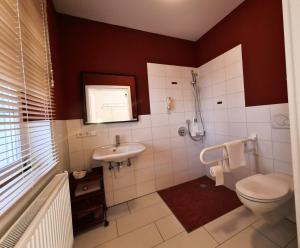 La salle de bains est pourvue de toilettes et d'un lavabo. dans l'établissement Riffelhof, à Burgrieden