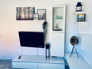 a living room with a tv on a blue cabinet at Kleines Ferienzimmer Uckermark in Casekow