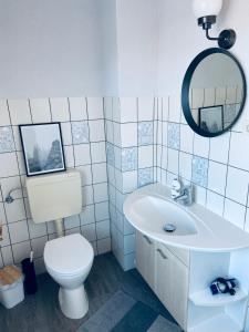 W łazience znajduje się toaleta, umywalka i lustro. w obiekcie Kleines Ferienzimmer Uckermark w mieście Casekow