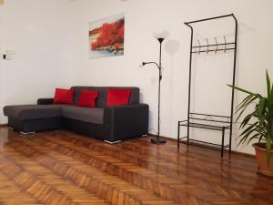 sala de estar con sofá gris y almohadas rojas en Casa Milan, en Oradea