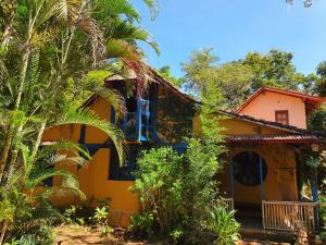 a yellow house with a palm tree in front of it at Sítio Macaúbas do Moinho in Alto Paraíso de Goiás