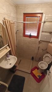 a bathroom with a sink and a toilet and a window at Cozy room with a bathroom in Sarajevo