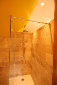 a bathroom with a shower with a glass shower stall at Auberge Les Tilleuls in Vincelottes