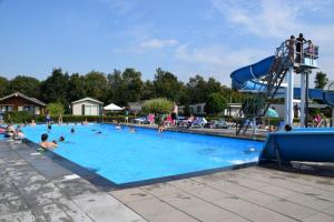 a group of people in a swimming pool with a slide at Stijlvol ingerichte bungalow in Baarland in Baarland