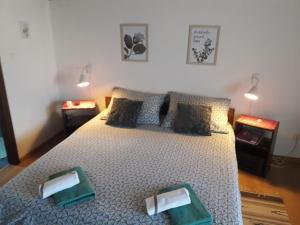 a bedroom with a bed with two green plates on it at Apartments Carev 1293 in Jezera