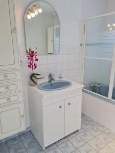 Baño blanco con lavabo y espejo en Maison indépendante en Lailly-en-Val