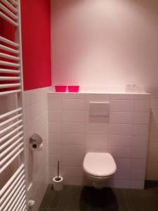 baño con aseo blanco y pared roja en Vakantiehuis In het Voorhuis en Dommelen