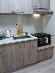 uma cozinha com um lavatório e um micro-ondas em Apartment Krasi em Velingrad