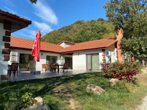 a house with a patio and a red umbrella at Clisura Dunarii - Pensiunea Casa Creta in Liborajdea