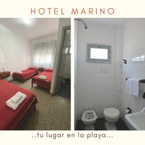 - deux photos d'une chambre d'hôtel avec un lit et une salle de bains dans l'établissement Hotel Marino, à Villa Gesell