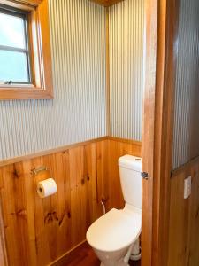 a bathroom with a toilet and a window at Port Bayou Cottage in Port Campbell