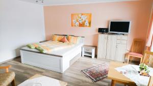 una sala de estar con una cama con TV. en Nebelhorn-Appartments 124 - 206 - 210 - 213 - 216 - 217, en Oberstdorf