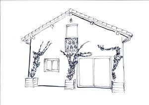 een zwart-witte tekening van een huis met een boom bij La Maisonnette au cœur de la plaine in LʼHôpital-le-Grand