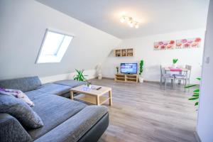 sala de estar con sofá y TV en Ubytování Pod Světem-apartmán en Třeboň