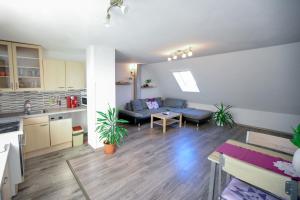 Ubytování Pod Světem-apartmán في تريبون: غرفة معيشة مع أريكة وطاولة