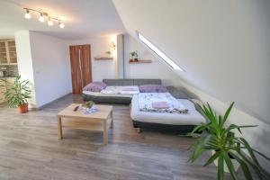 トレボンにあるUbytování Pod Světem-apartmánのベッド2台とテーブルが備わる小さな客室です。