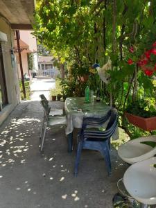 a table and chairs with a bird sitting on top of it at Apartments Filemi in Ohrid