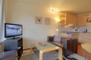 ein Wohnzimmer mit einem Sofa, einem TV und einem Tisch in der Unterkunft Apartment 219 in Hohegeiß
