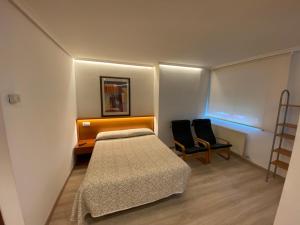 a bedroom with a bed and a desk and two chairs at Apartamentos San Fermín in Vitoria-Gasteiz