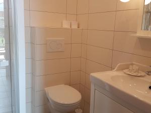 a white bathroom with a toilet and a sink at Huber Vendégház in Fertőrákos