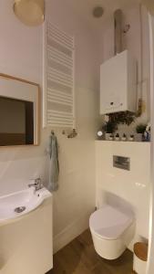 a white bathroom with a toilet and a sink at Apartament Za Murami Gliwice in Gliwice